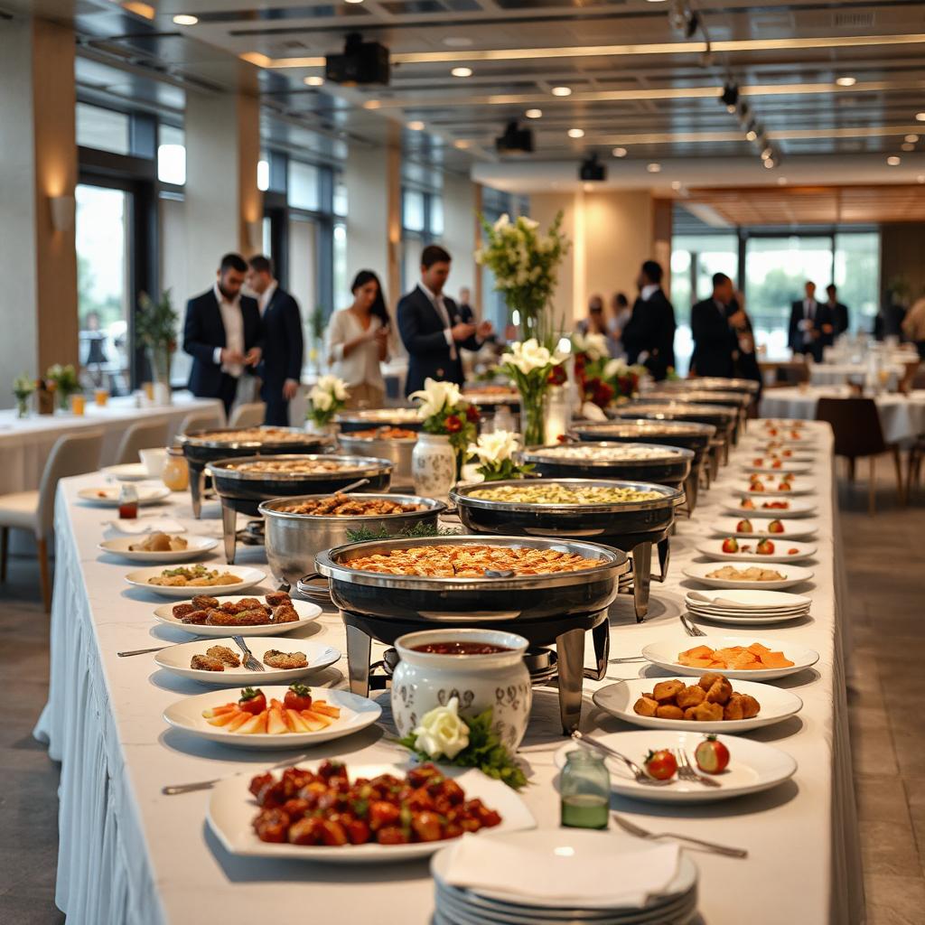 Großes Business-Lunch Buffet mit vielen Speisen auf einem Langen Buffettisch. Im Hintergrund sind Gut gekleidete Mitarbeiter zu sehen
