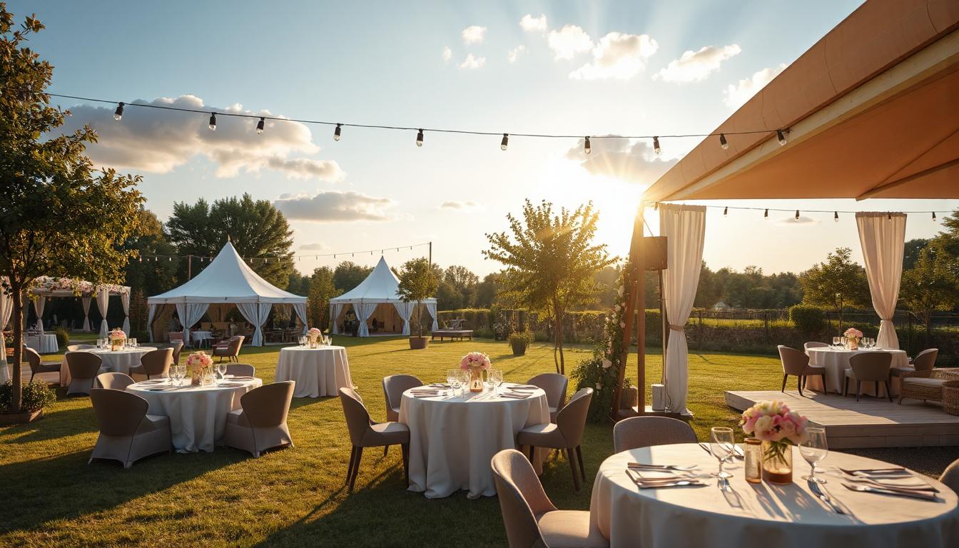 Sommer Fest in einem garten. Geschmückte Zelte, Tische und Girlanden.