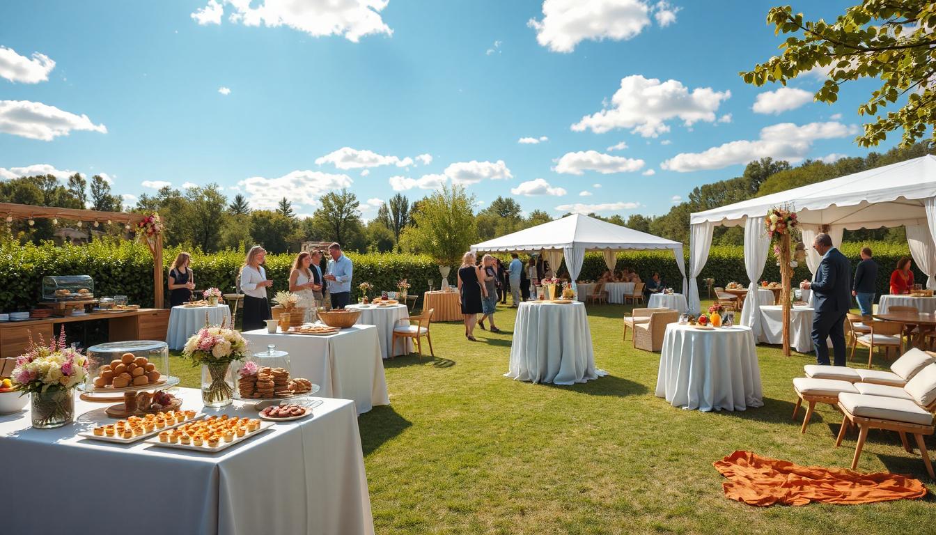 Sommer Fest ine einem Privaten Garten mit Zelten, Tischen und Buffet