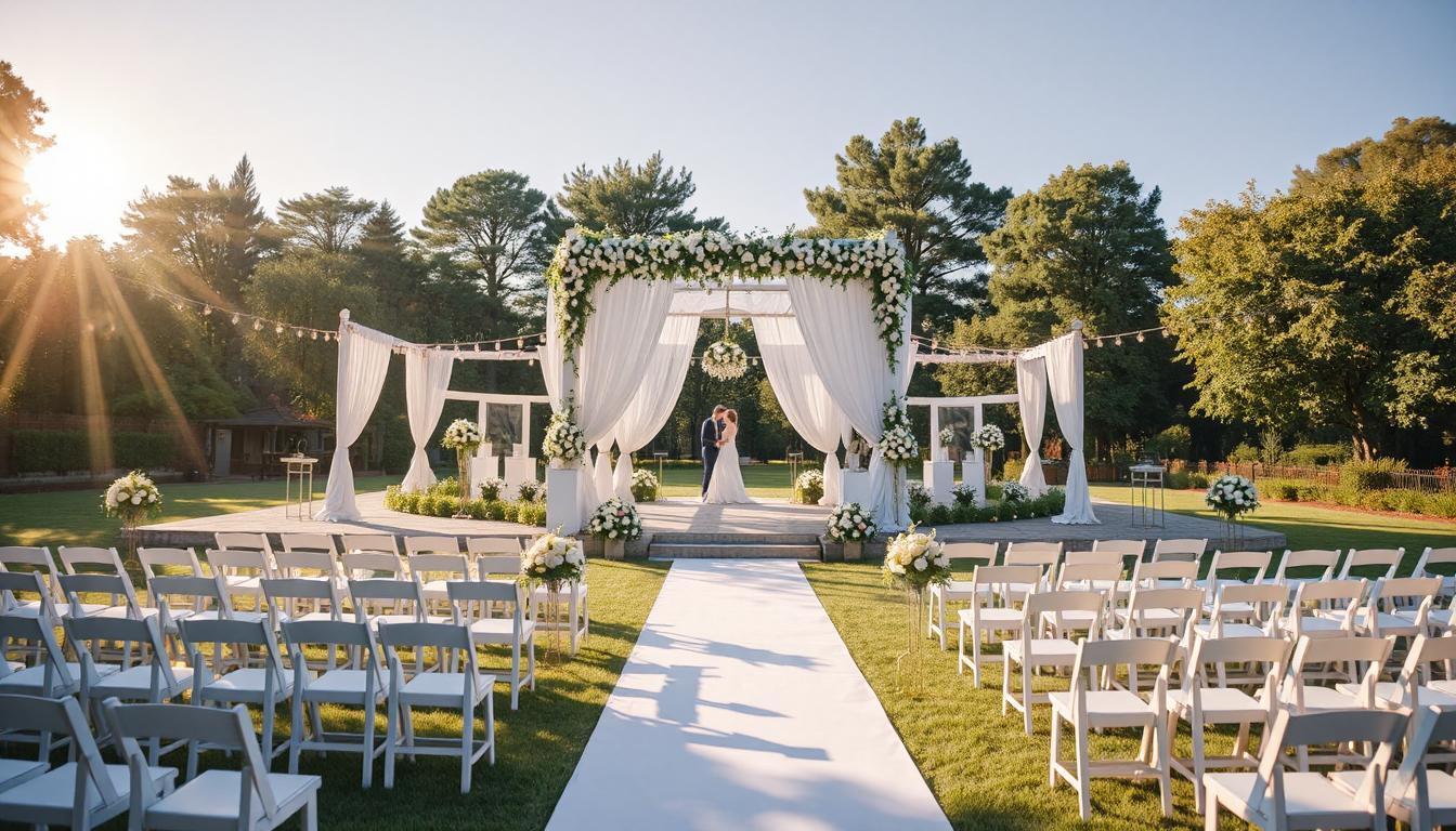 Eine Hochzeit im freien mit vielen weißen stuhlen. auf einer geschmückten Bühne in weiß steht das Brautpaar