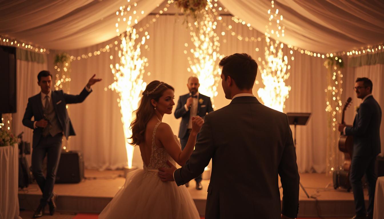 Eine Hochzeit. im Fokus steht eine Bühne mit Sängern und Pyrotechnik. im Vordergrund der Bühne steht das Hochzeitspaar