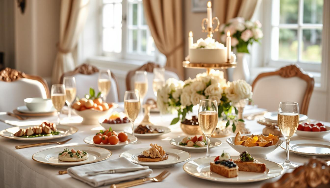 Ein Tisch bei einer Hochzeit edel gedeckt mit Speisen, Champagner und eine Hochzeitstorte