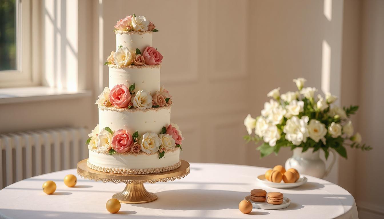Eine aufwendig gestaltete Hochzeitstorte mit mehreren Etagen, verziert mit echten Blumen und goldenen Akzenten. Die Torte steht auf einem eleganten Tisch mit weißen Tüchern und kleinen Dessert-Highlights wie Macarons, Pralinen und Mini-Küchlein. Die Szene ist hell und freundlich, mit Tageslicht und dezenten, frischen Blumendekorationen.