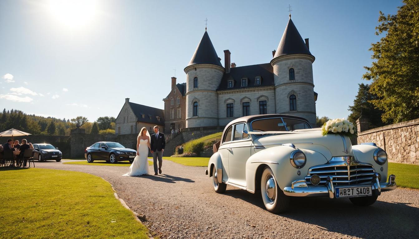 Ein wunderschöner, mit Blumen geschmückter Oldtimer steht vor einer romantischen Hochzeitslocation. Die Braut und der Bräutigam steigen lachend in das Auto ein, während Gäste winken und Blumen streuen. Der Himmel ist strahlend blau, und das Sonnenlicht reflektiert sanft auf dem glänzenden Lack des Wagens.
