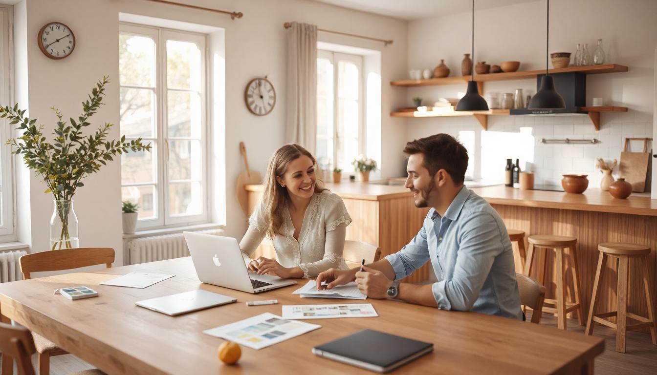 Hochzeitsplaner & Full-Service<br />
Ein stilvoller Hochzeitsplaner sitzt mit einem glücklichen Brautpaar an einem großen Holztisch. Vor ihnen liegen Farbpaletten, Moodboards und ein Laptop mit Hochzeitsideen. Der Raum ist hell und modern eingerichtet, große Fenster lassen natürliches Licht herein. Das Brautpaar lächelt begeistert, während der Planer etwas auf einem Notizblock skizziert.