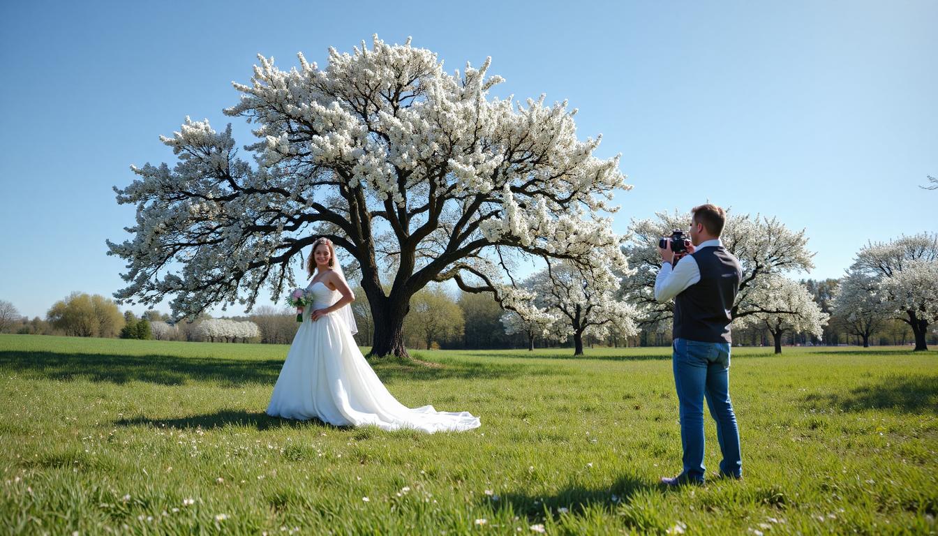 Ein emotionaler Moment während der Hochzeit – das frisch verheiratete Paar steht strahlend auf einer grünen Wiese, umgeben von frischen Blumen. Ein professioneller Hochzeitsfotograf hält mit einer Kamera den perfekten Moment fest. Die Szene ist in weichem, natürlichem Licht gehalten, mit einem klaren blauen Himmel im Hintergrund.