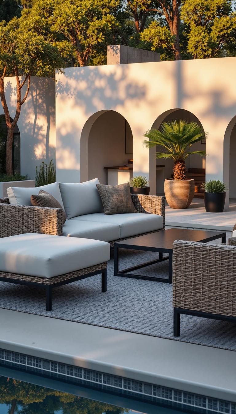  highly realistic, professional photograph of a premium rattan lounge furniture set arranged in an inviting outdoor setting. The set includes a modern rattan sofa, matching armchairs, and a sleek coffee table, all with thick, high-quality seat and back cushions in neutral or earthy tones. The texture of the rattan is detailed and natural, reflecting soft ambient light. The scene is styled in a luxurious outdoor environment, such as a stylish patio, a lush green garden, or a poolside lounge, with warm lighting enhancing the realism. Shadows and reflections add depth to the composition, ensuring a true-to-life appearance with a premium aesthetic.