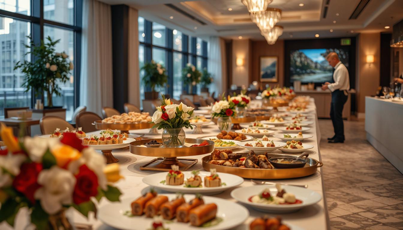 An elegant and modern event venue featuring a world-class catering experience. Long buffet tables, beautifully decorated with fresh flowers and golden serving trays, display an exquisite selection of gourmet dishes, from delicate hors d'oeuvres to artfully plated main courses. The space is illuminated with soft ambient lighting, while the aroma of freshly prepared cuisine fills the air. A live cooking station with professional chefs adds an interactive touch, making the catering a highlight of the luxurious event.