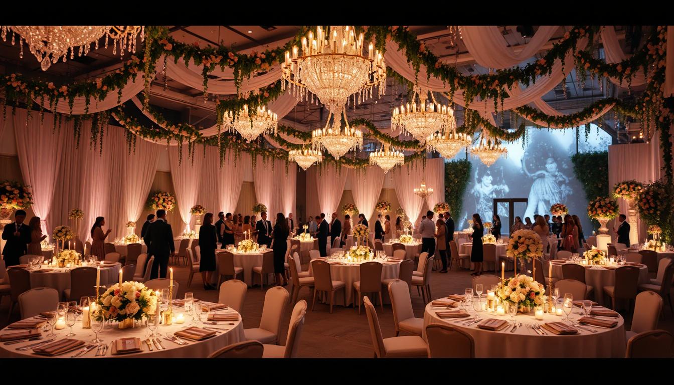 "A breathtaking, luxurious event venue filled with extravagant decorations. The space is adorned with cascading floral arrangements, shimmering crystal chandeliers, and golden-accented décor. The tables are elegantly set with fine china, silk table runners, and candlelit centerpieces, creating a warm and enchanting atmosphere. Soft ambient lighting highlights the intricate details of the décor, while draped fabrics and fairy lights add a magical touch. The walls feature artistic projections or lush greenery, enhancing the immersive experience. Guests in elegant attire admire the stunning setting, making this the perfect venue for an unforgettable, high-end celebration.